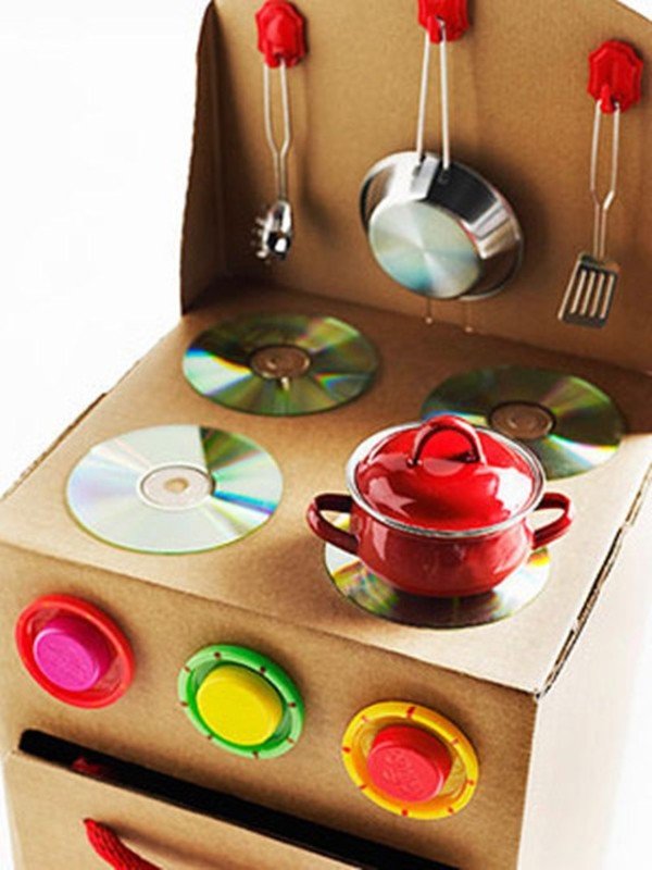 Cardboard Play Kitchen using Old CDs-20 Awesome Ways to Recycle Cardboard Box for Kids