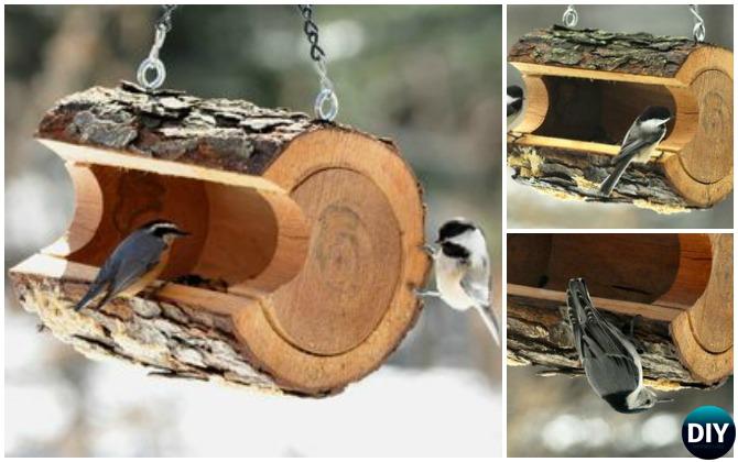 DIY Log Birdfeeder - 20 DIY Bird Feeder Projects to Bring Life in Your Garden