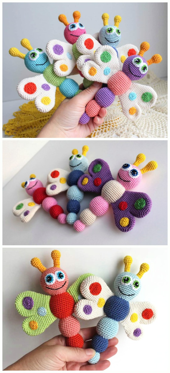 Crochet Baby Rattle Butterfly Amigurumi Free Pattern - Crochet #Butterfly; Free Patterns [Picture Instructions]