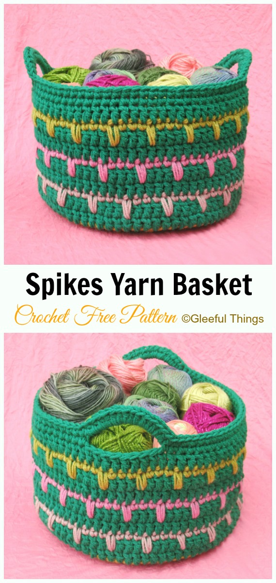 Spikes Yarn Basket Crochet Free Pattern - #Crochet; Storage #Basket; Free Patterns