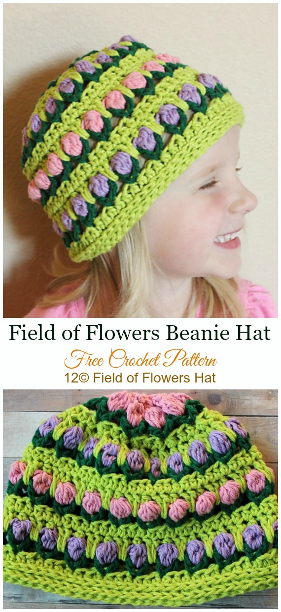 Girl Field of Flowers Hat Crochet Free Pattern - #Crochet; #Beanie; Hat Free Patterns 