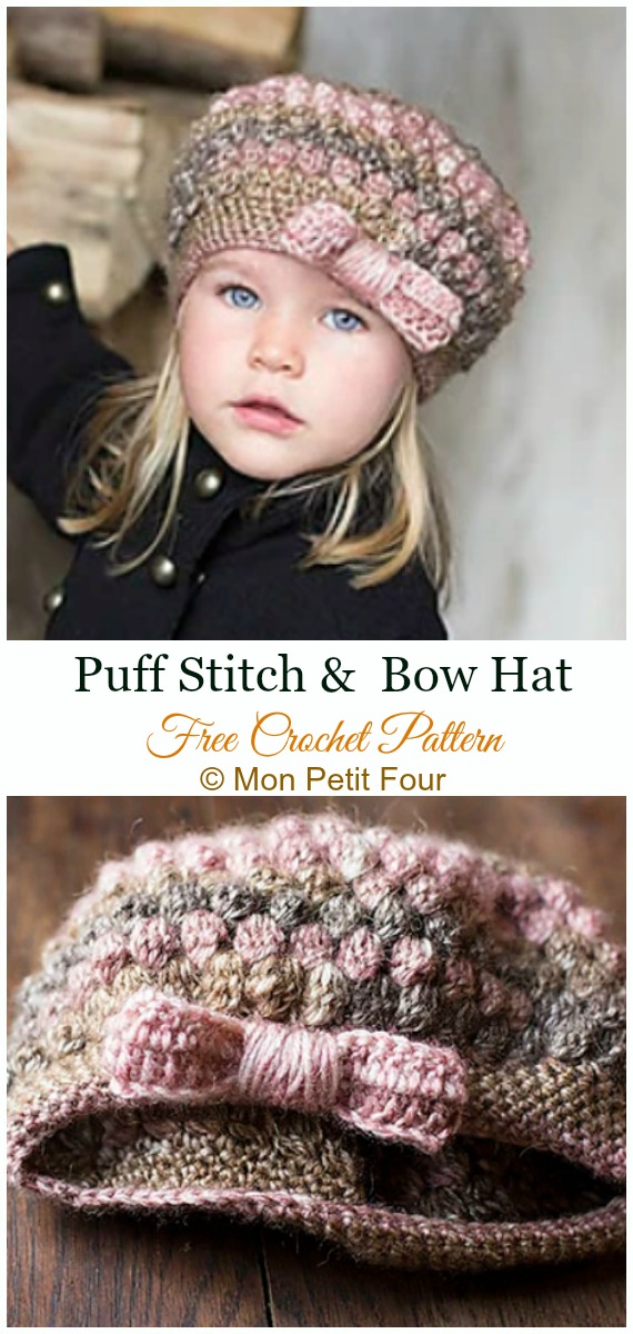 Puff Stitch &  Bow Hat Crochet Free Pattern  - #Crochet; #Beanie; Hat Free Patterns
