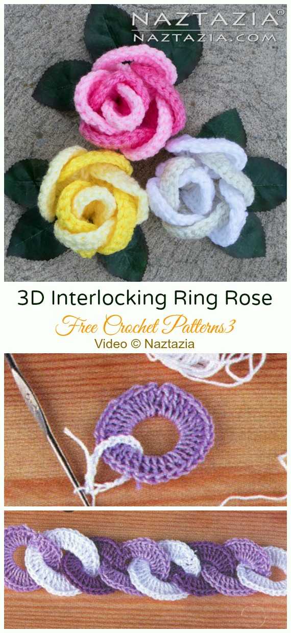 3D Interlocking Ring Rose Flower Crochet Free Pattern & Video  - #Crochet; 3D #Rose; Flowers Free Patterns 