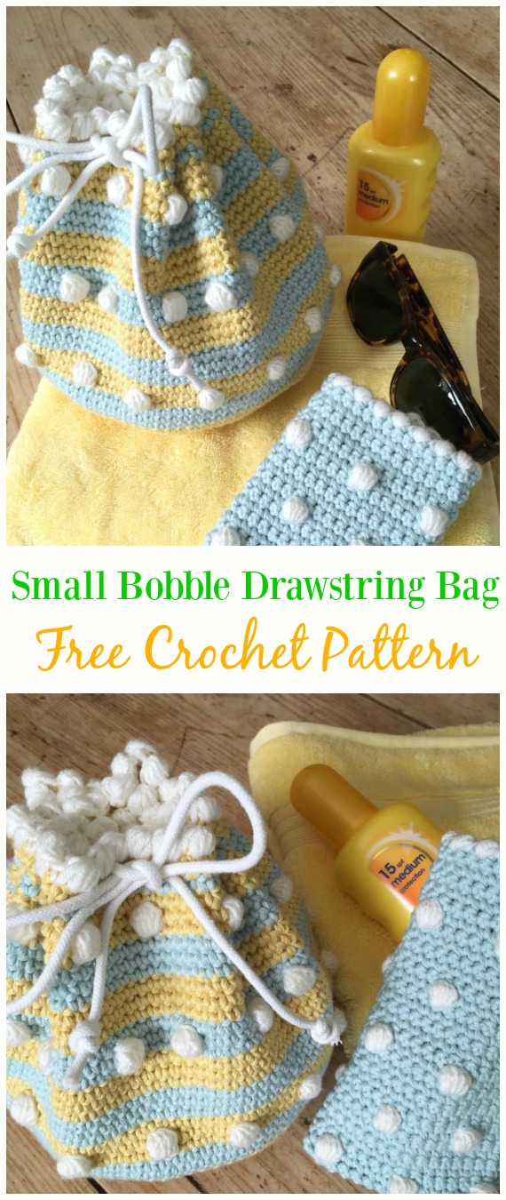 Small Bobble Drawstring Bag Free Crochet Pattern -#Crochet Drawstring #Bags Free Patterns