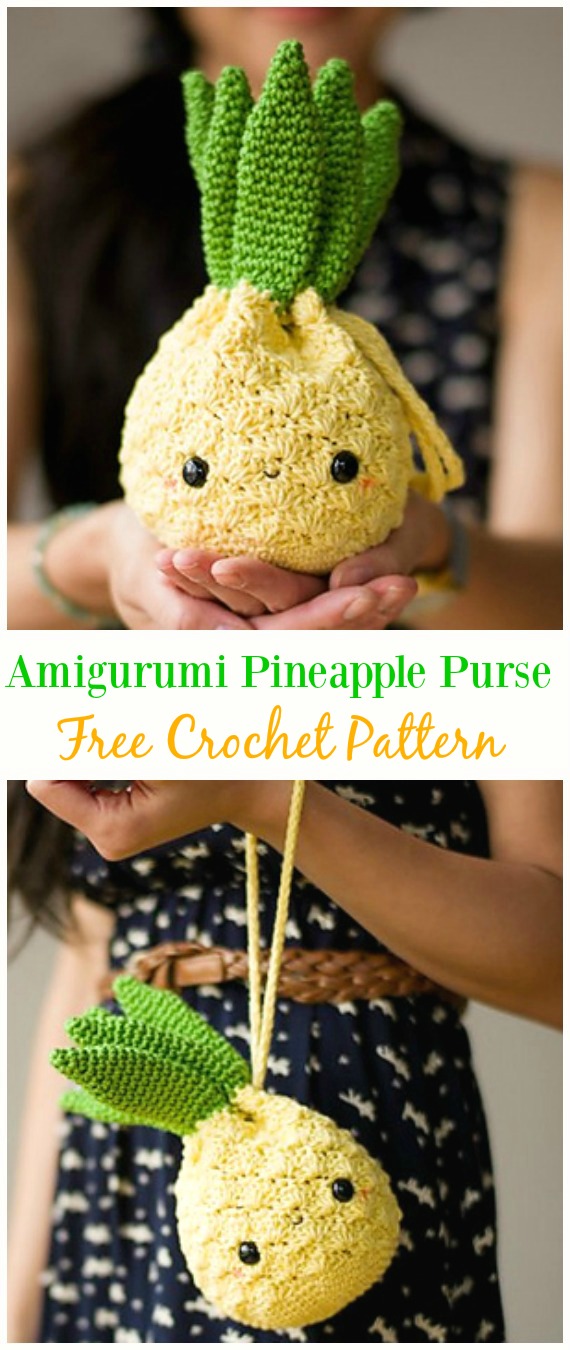 Amigurumi Pineapple Purse Free Crochet Pattern -#Crochet Drawstring #Bags Free Patterns