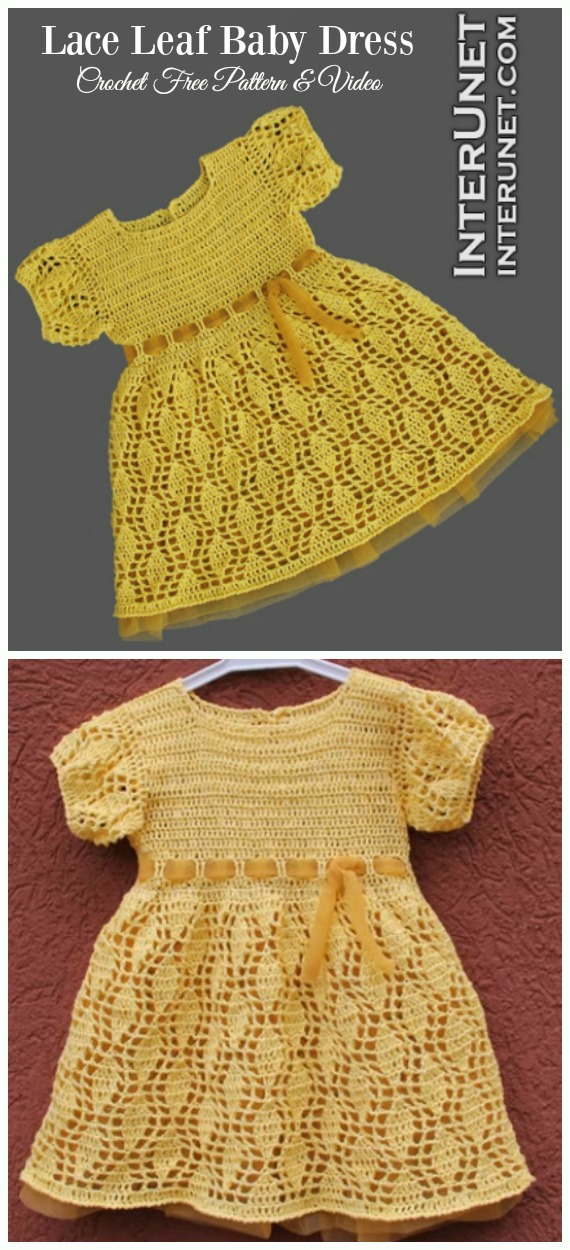 Lace Leaf Baby Dress Free Crochet Pattern &Video - #Crochet Girls #Dress Free Patterns