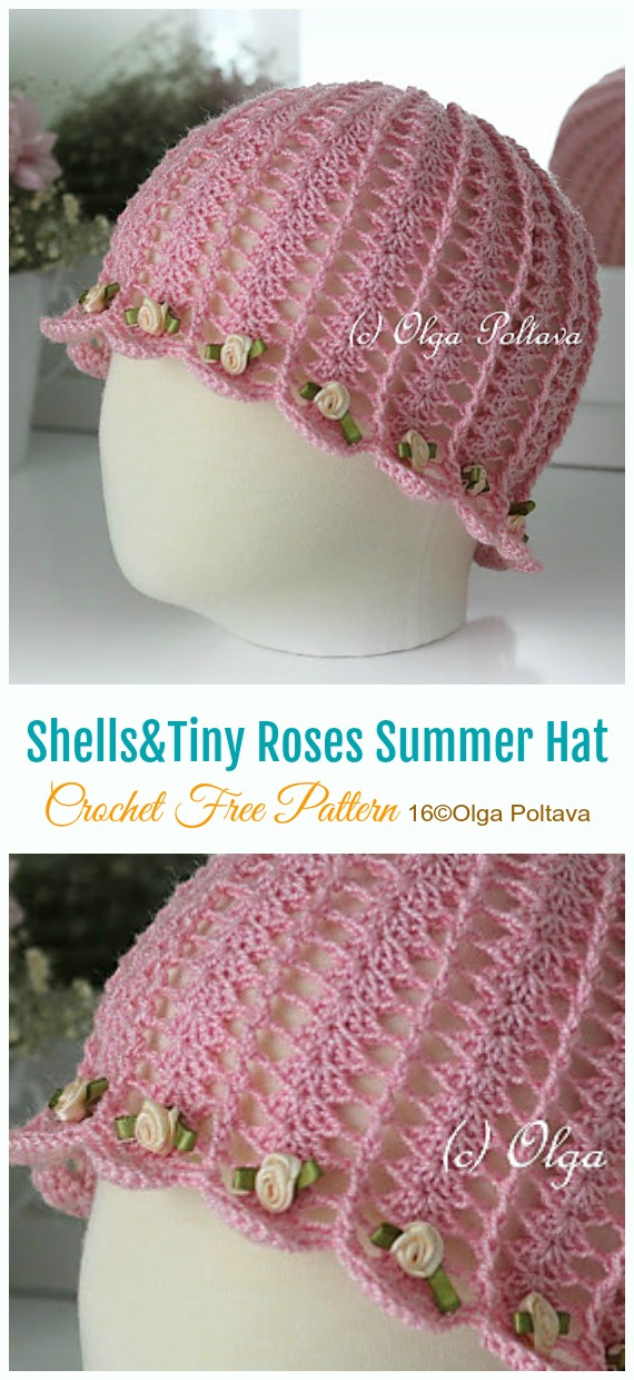 Shells and Tiny Roses Summer Hat Crochet Free Pattern- #Crochet ; Girls Flower #SunHat Free Patterns 