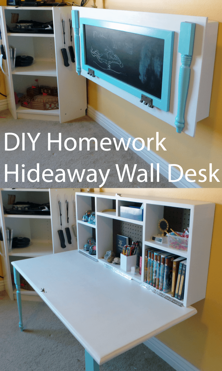 DIY Kids Homework Hideaway Wall Desk Tutorial - DIY Wall Mounted Desk Free Plans & Instructions