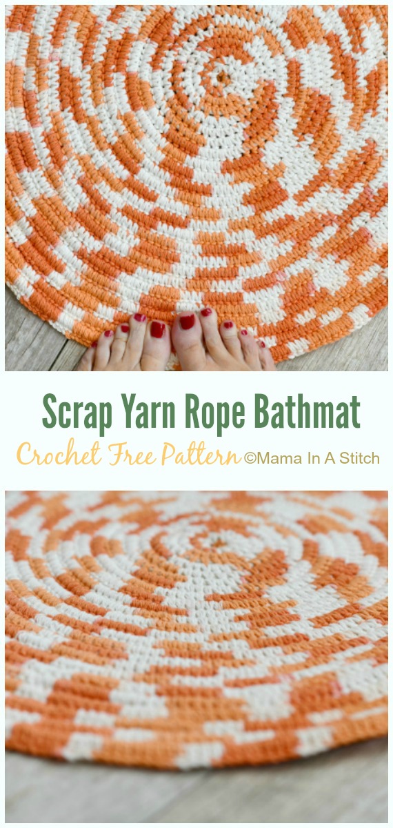 Scrap Yarn Rope Bathmat Crochet Free Pattern - Bath Rug & Bathmat Free #Crochet; Patterns