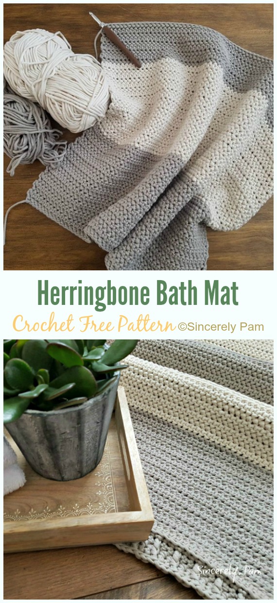 Herringbone Bath Mat Crochet Free Pattern - Bath Rug & Bathmat Free #Crochet; Patterns