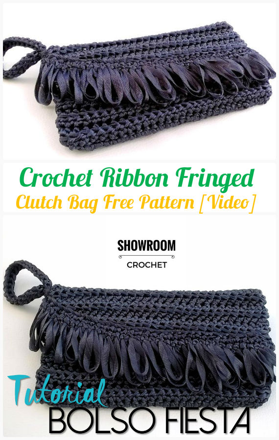 Crochet Fringed Ribbon Clutch Bag Free Pattern [Video] - #Crochet; #Clutch; Bag Free Patterns