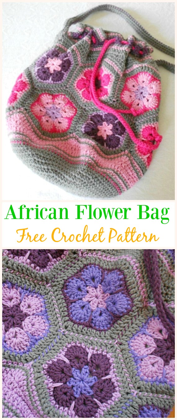 African Flower bag Free Crochet Pattern -#Crochet Drawstring #Bags Free Patterns
