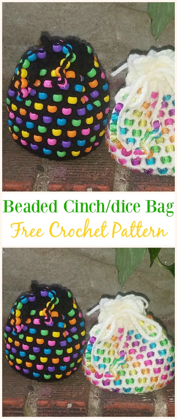 Beaded Cinch/dice bag Free Crochet Pattern -#Crochet Drawstring #Bags Free Patterns
