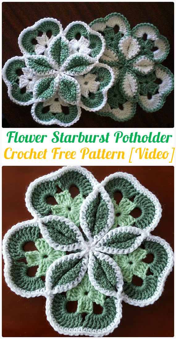 Flower Starburst Hot Pad Crochet Free Pattern- #PotHolder; Hotpad Crochet Free Patterns