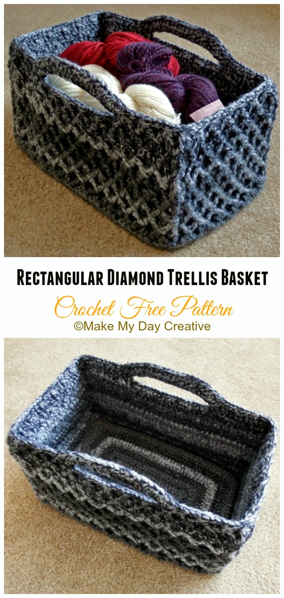 Rectangular Diamond Trellis Basket Crochet Free Pattern - #Crochet; Storage #Basket; Free Patterns