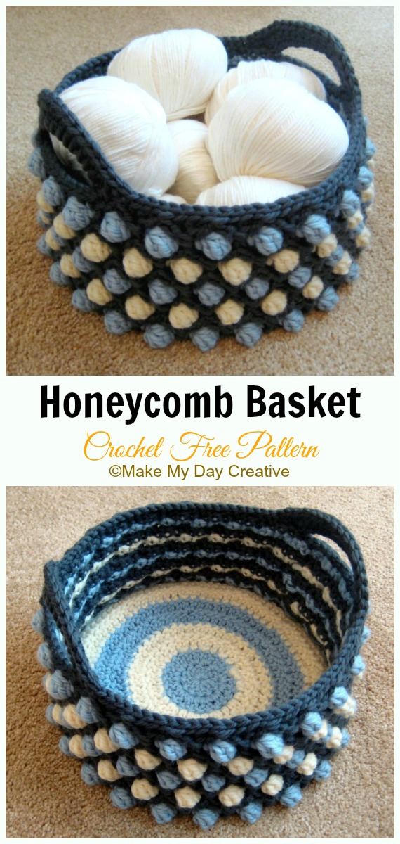 Honeycomb Basket Crochet Free Pattern - #Crochet; Storage #Basket; Free Patterns