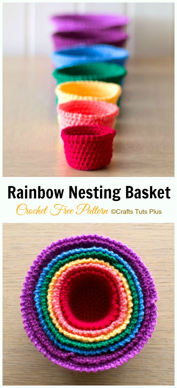 Rainbow Nesting Basket Crochet Free Pattern - #Crochet; Storage #Basket; Free Patterns