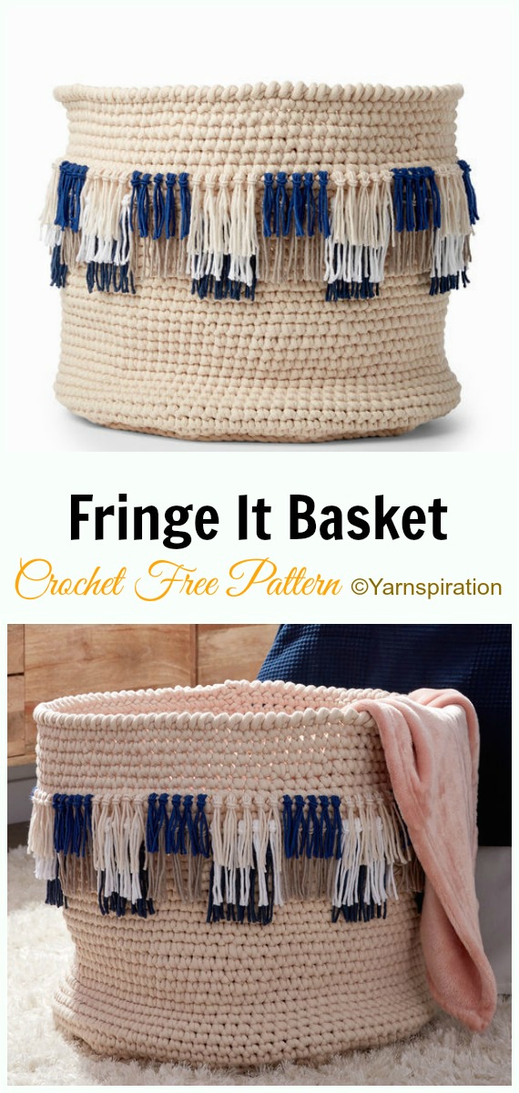Fringe It Basket Crochet Free Pattern - #Crochet; Storage #Basket; Free Patterns