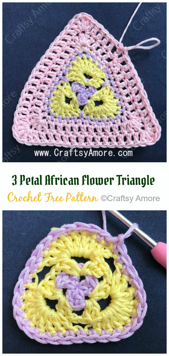 3 Petal African Flower Triangle Crochet Free Pattern - #Triangle; Motif Free #Crochet; Patterns 