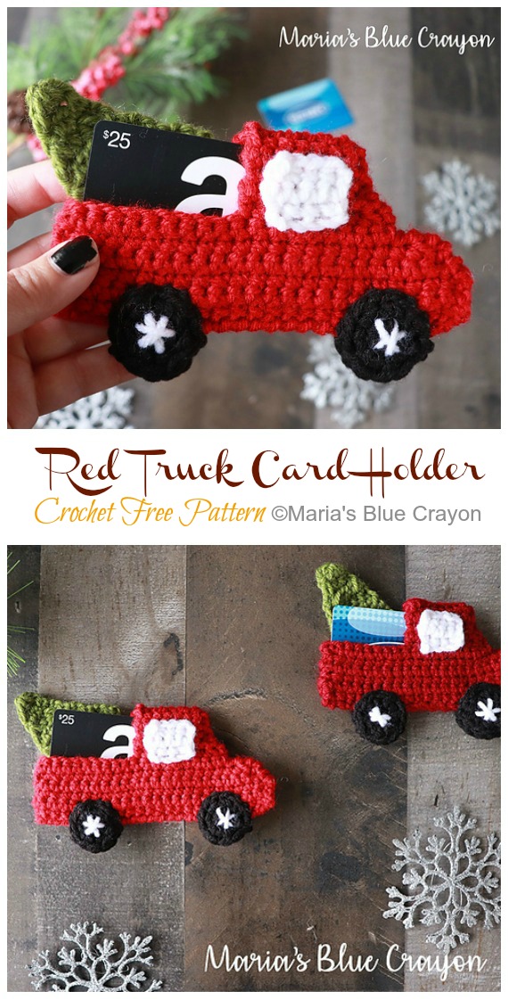 Red Truck Card Holder Free Crochet Pattern - #Christmas; Gift; #CardHolder; #Crochet; Free Patterns 
