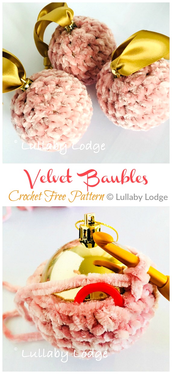Velvet Baubles Ornament Crochet Free Pattern - DIY #Crochet; #Christmas; #Ornament; Free Patterns
