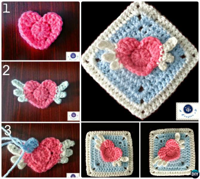 Crochet 3D Angel Heart Granny Square Free Pattern