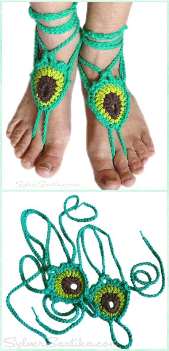 Crochet Peacock Feather Barefoot Sandals Free Pattern-10 Crochet Peacock Projects Free Patterns