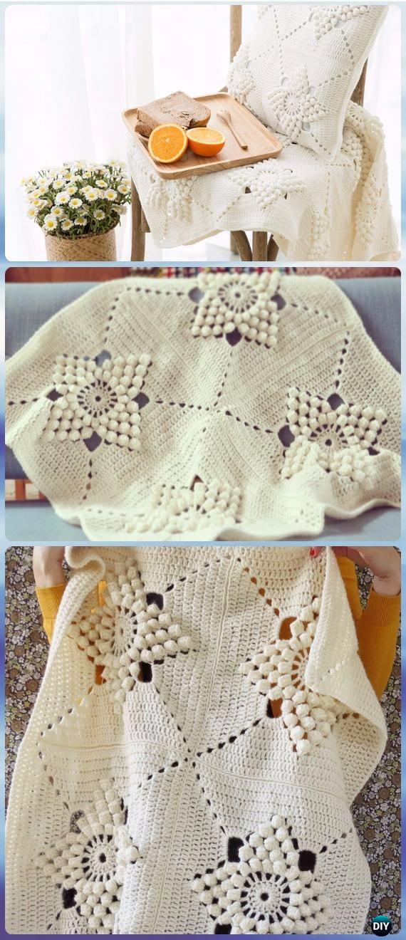 Crochet Embossed Popcorn Flower Smitten Blanket Free Pattern - Crochet Summer Blanket Free Patterns