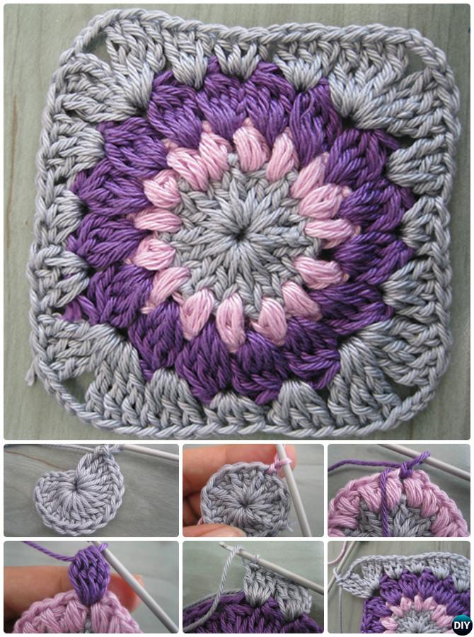 granny crochet square patterns sunburst pattern flower squares motif diyhowto heart stitches beginner round