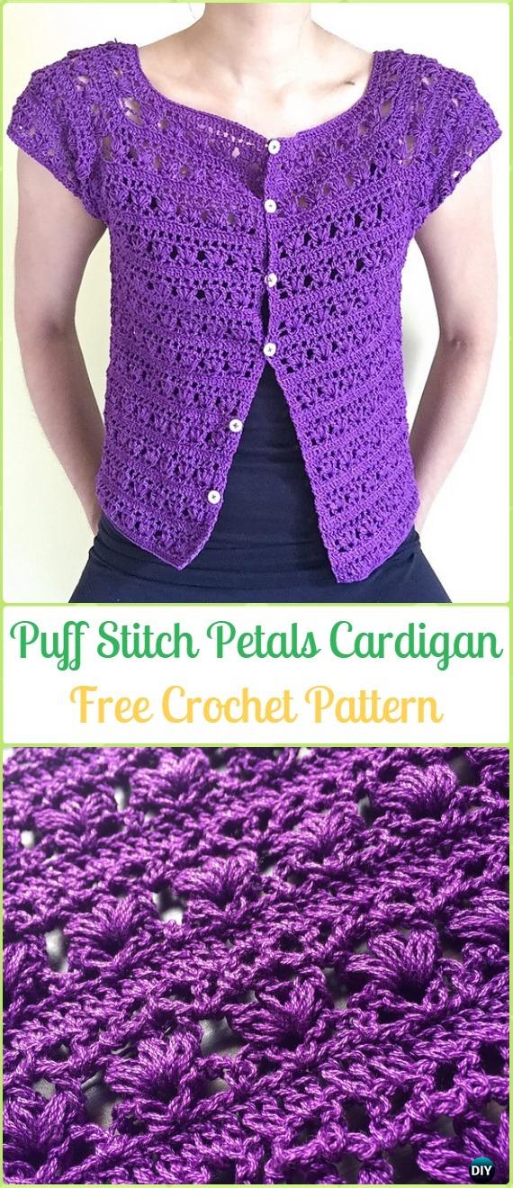 Crochet Puff Stitch Petals Cardigan Free Pattern - Crochet Women Sweater Coat & Cardigan Free Patterns