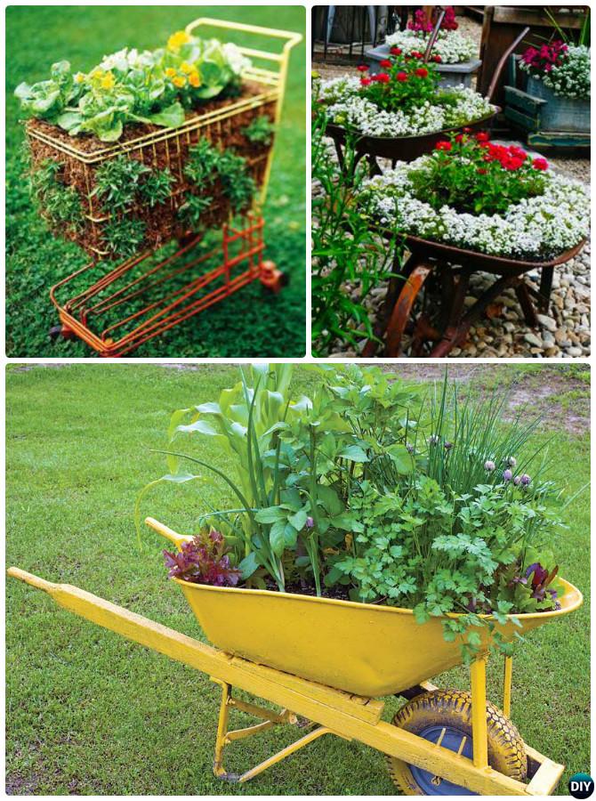 DIY Recycle Wheel Cart Planter Instructions-20 DIY Upcycled Container Gardening Planters Projects