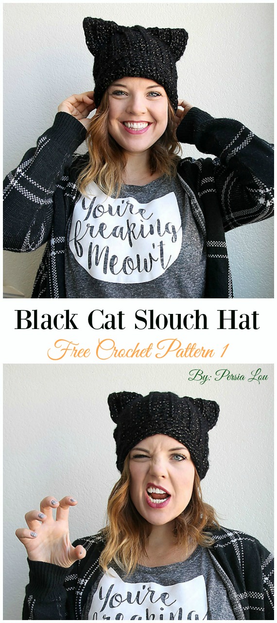 Black Cat Slouch Hat Crochet Free Pattern - Fun Adult #Cat; #Hat; Free #Crochet; Patterns