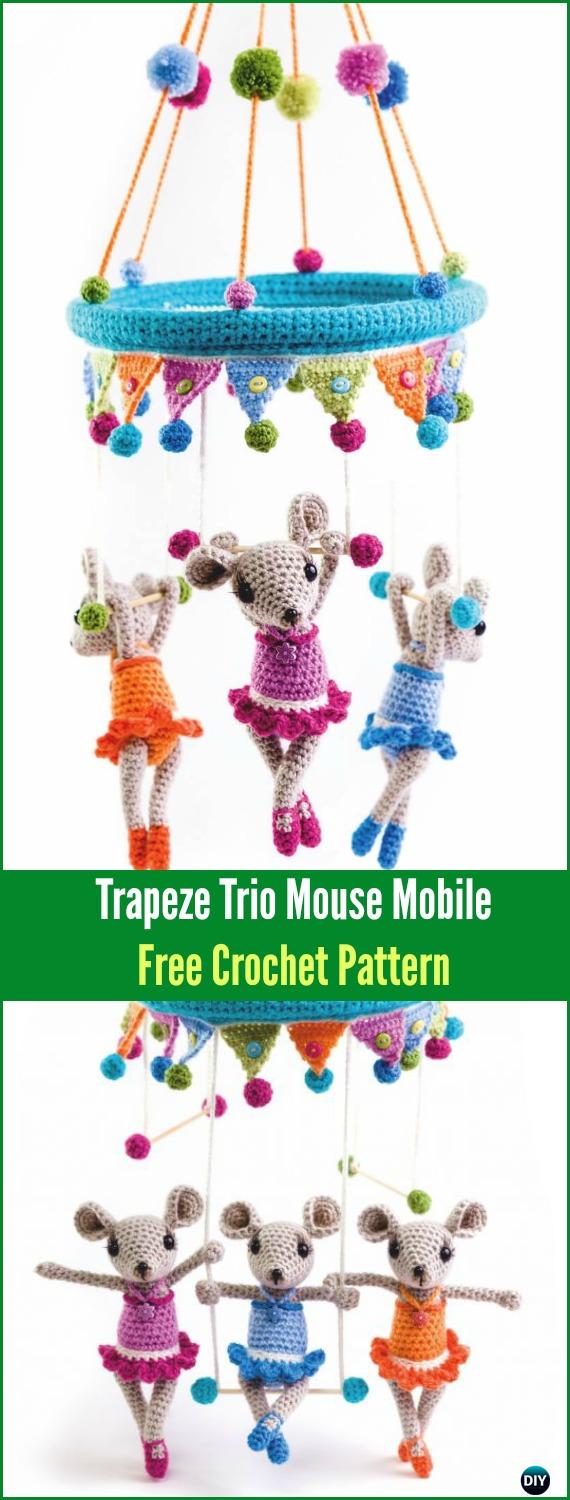 Crochet Trapeze Trio Mouse Mobile Amigurumi Free Pattern - Amigurumi Crochet Mouse Toy Softies Free Patterns