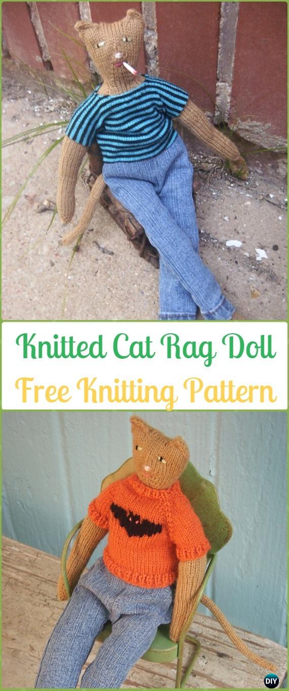 Amigurumi Knitted Cat Rag Doll Toy Free Knitting Pattern - Knit Cat Toy Softies Patterns