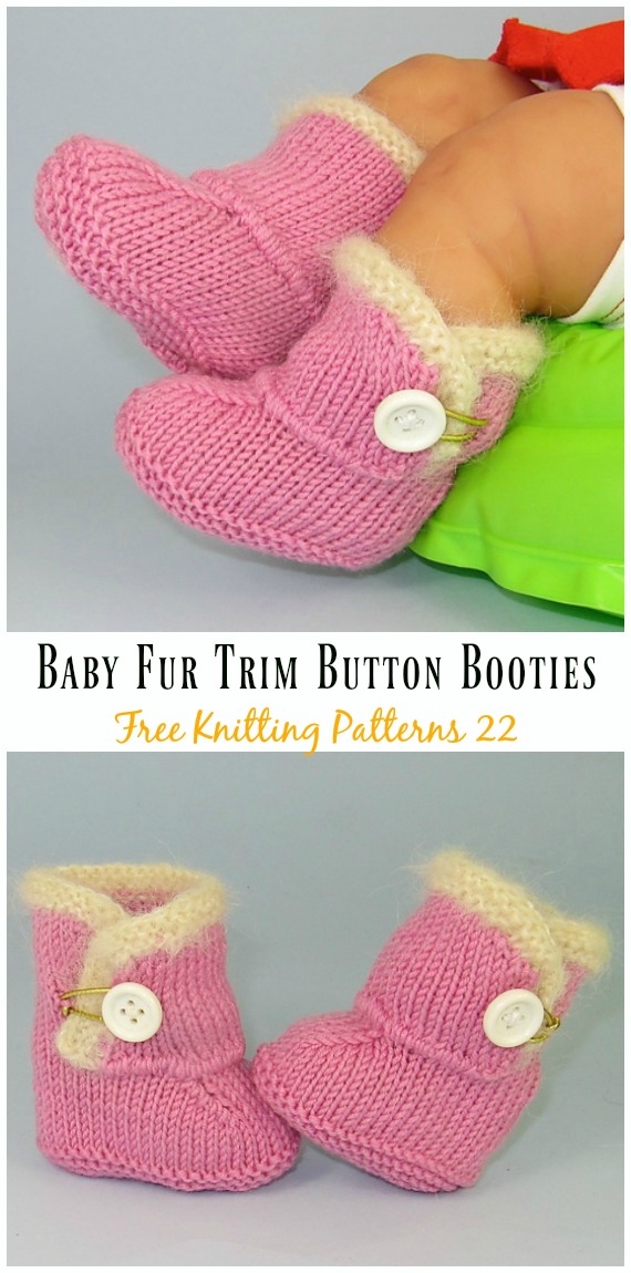 Fur Trim One Button Baby Booties Knitting Free Pattern - Ankle High Baby #Booties Free #Knitting Patterns