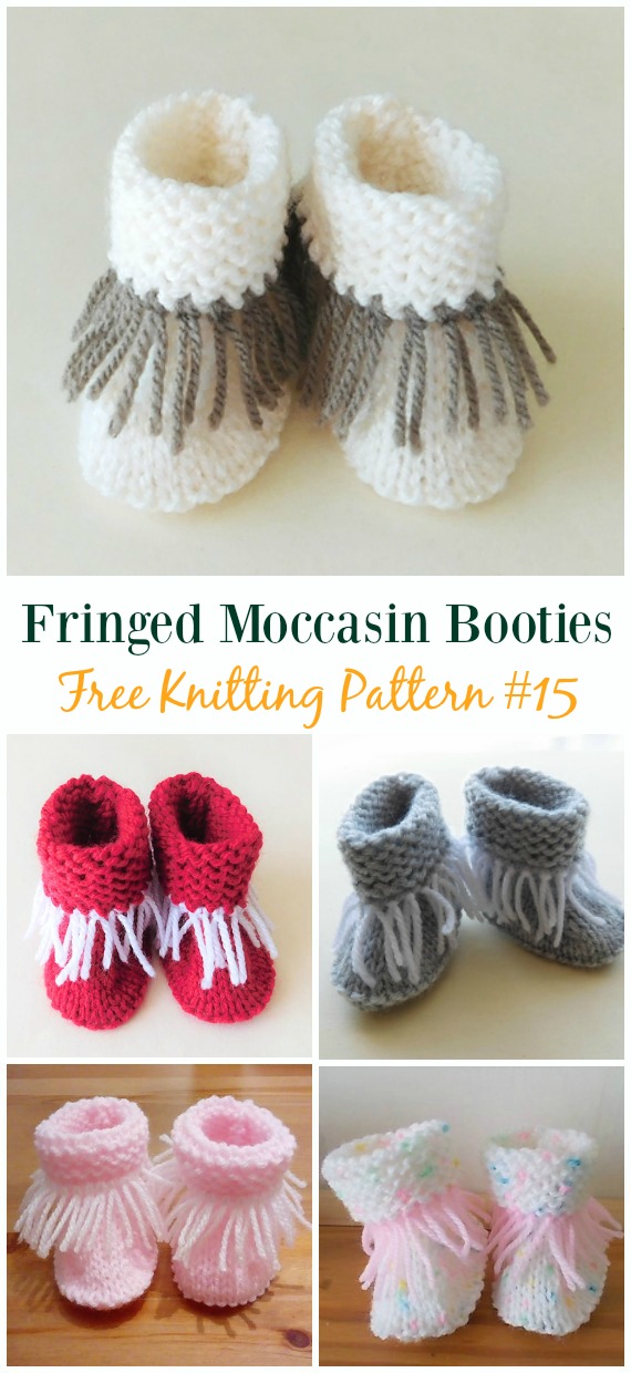 Knit Fringed Moccasin Booties Free Pattern - Baby Slippers Booties Free #Knitting Patterns