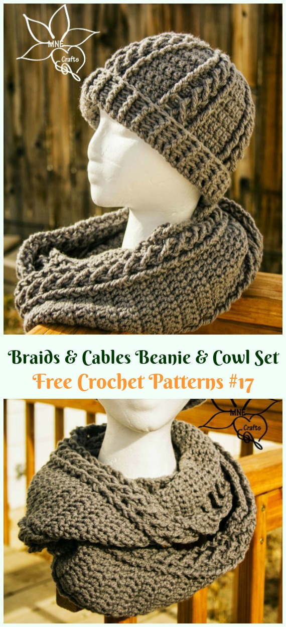 Braids & Cables Beanie & Cowl Set Crochet Free Pattern - Adult #Cable; #Hat; Free #Crochet; Patterns