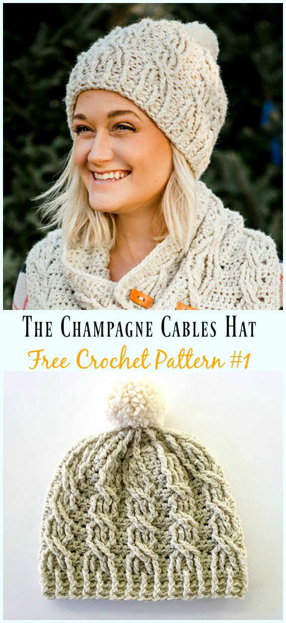 The Champagne Cables Hat Crochet Free Pattern - #Cabled; Beanie #Hat; Free Crochet Patterns
