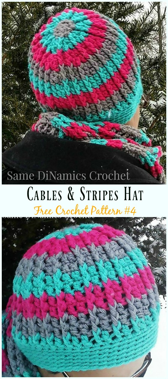 Cables & Stripes Hat Crochet Free Pattern - #Cabled; Beanie #Hat; Free Crochet Patterns