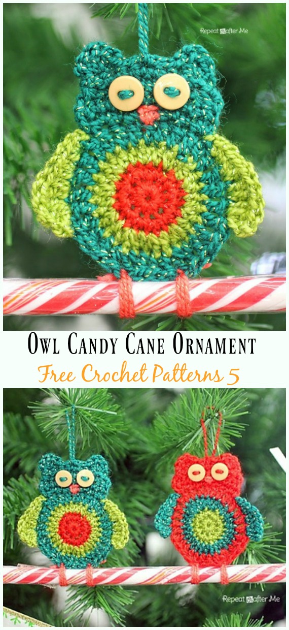 Owl Candy Cane Ornament Crochet Free Pattern - #Candy Cane; Cozy #Crochet; Free Patterns