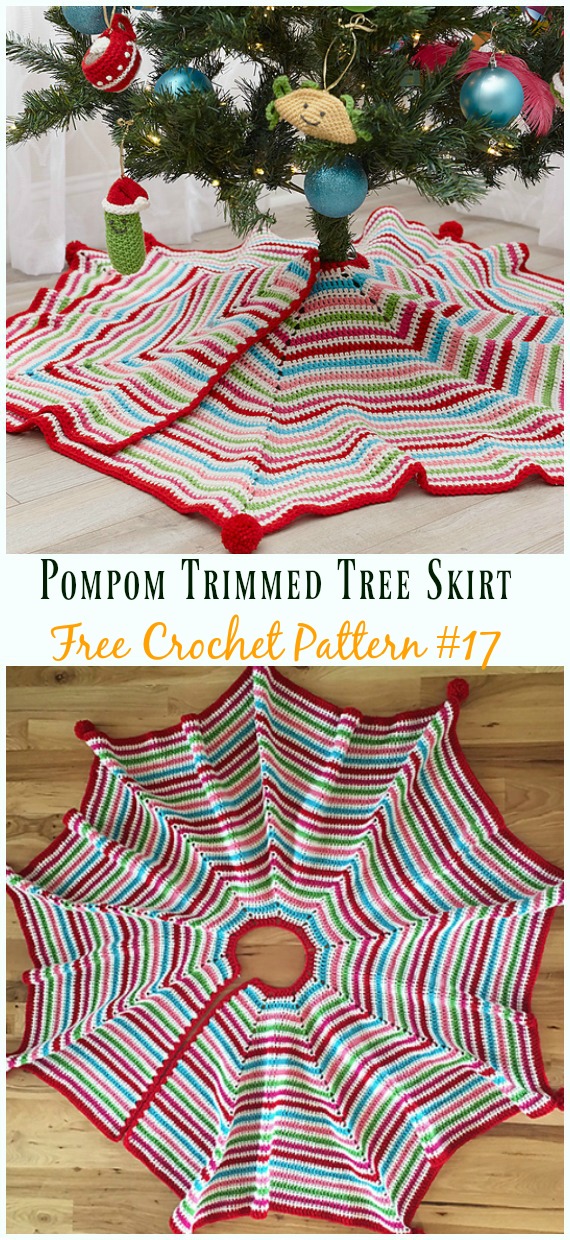 Pompom Trimmed Tree Skirt Free Crochet Pattern - #ChristmasTree; #Skirt; #Crochet; Free Patterns