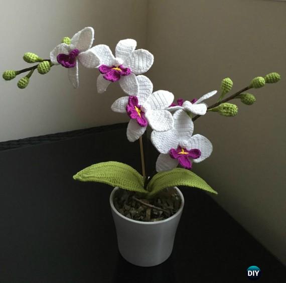 Crochet Orchid Flower Pot Free Pattern-Crochet 3D Flower Bouquet Free Patterns
