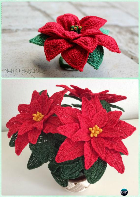 Crochet Christmas Poinsettia Flower Bouquet Free Pattern-Crochet 3D Flower Bouquet Free Patterns