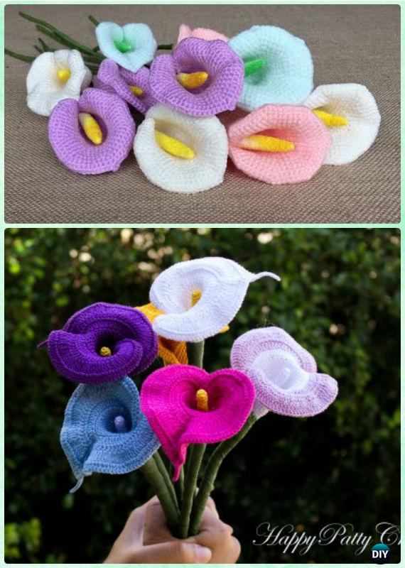 Crochet Calla Lily Flower Free Pattern-Crochet 3D Flower Bouquet Free Pattern