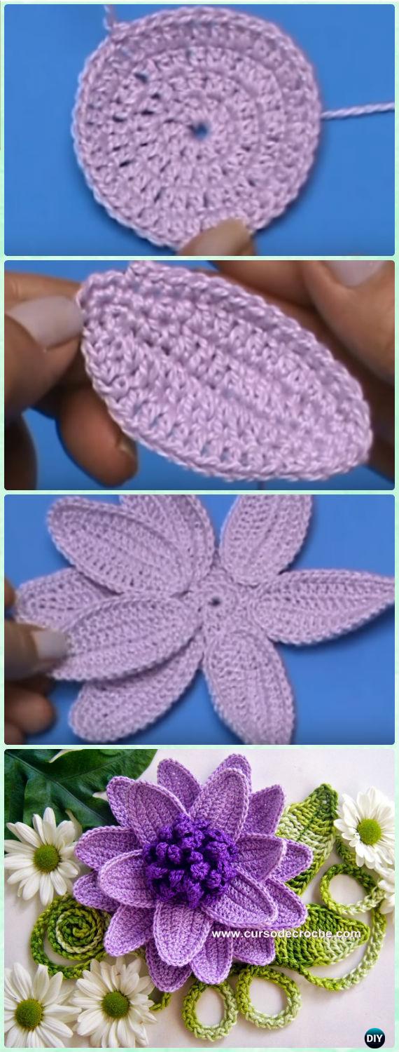 Crochet Lotus Flower Free Pattern [Video] - Crochet 3D Flower Motif Free Patterns