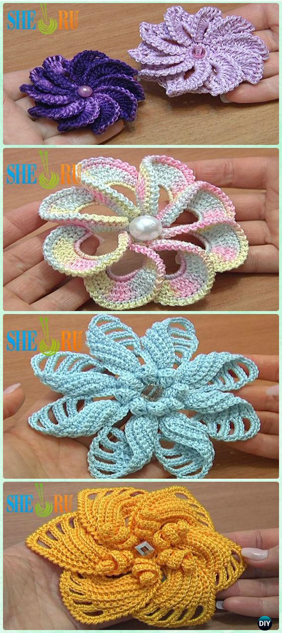 Crochet Spiral Flower Free Patterns [Video] - Crochet 3D Flower Motif Free Patterns