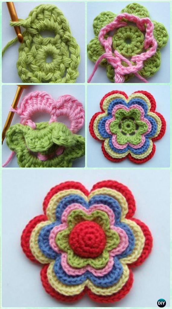 Crochet Layered Summer Flower Free Pattern - Crochet 3D Flower Motif Free Patterns 