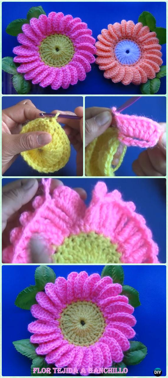 Crochet Daisy Flower Free Pattern [Video] - Crochet 3D Flower Motif Free Patterns
