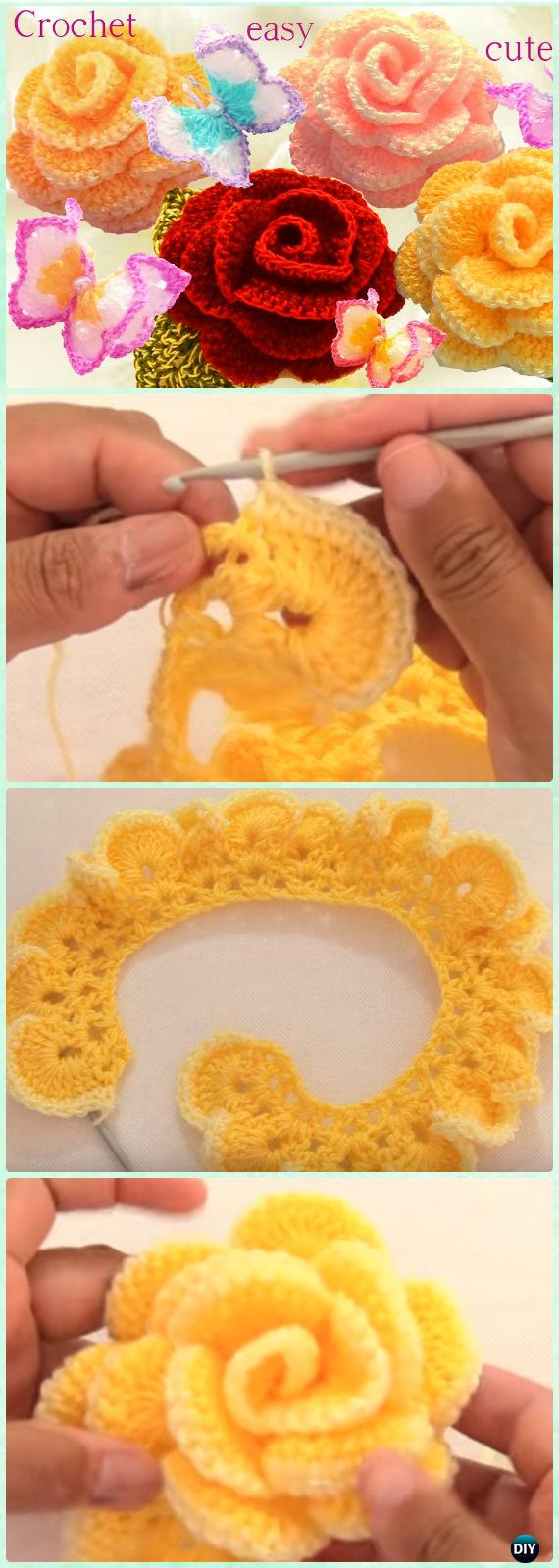 Crochet Easy 3D Rose Free Pattern [Video] - Crochet 3D Flower Motif Free Patterns
