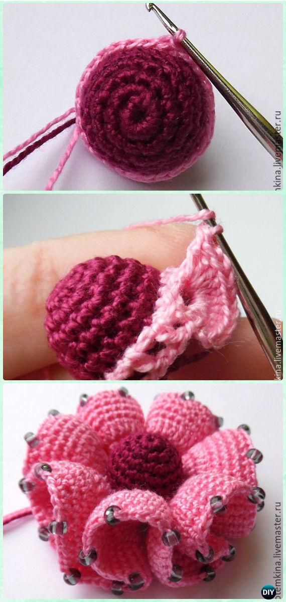 Crochet Ruffled Frill Flower Free Pattern - Crochet 3D Flower Motif Free Patterns